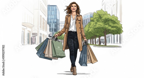 Fashionable woman with shopping bags in city illustration.