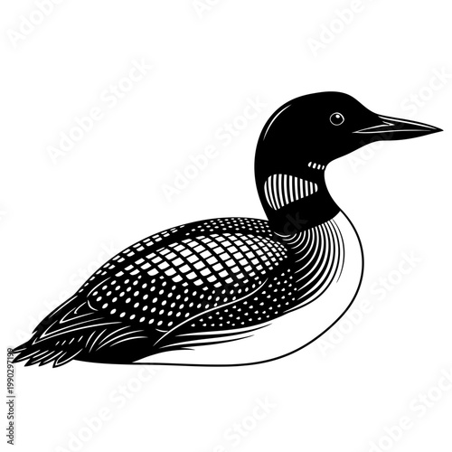 Bild auf Leinwand Title: Great Northern Loon Bird Silhouette Woodcut Style Vector Illustration
