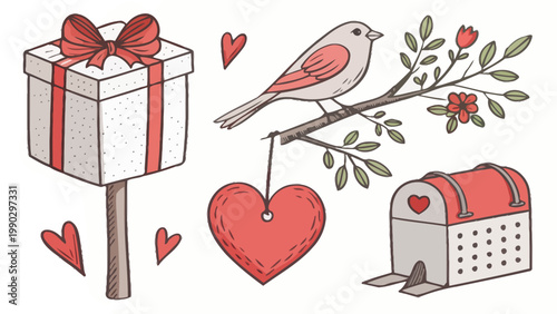 A charming illustration of a gift, bird, and mailbox surrounded by hearts and flowers.