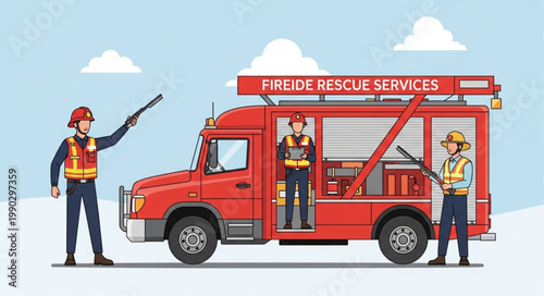 Fire Rescue Team with Truck Ready for Emergency Response.