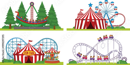 Amusement Park Vector Set Featuring Circus Tent Ferris Wheel Roller Coaster Swing Ride and Fairground Attractions Illustration