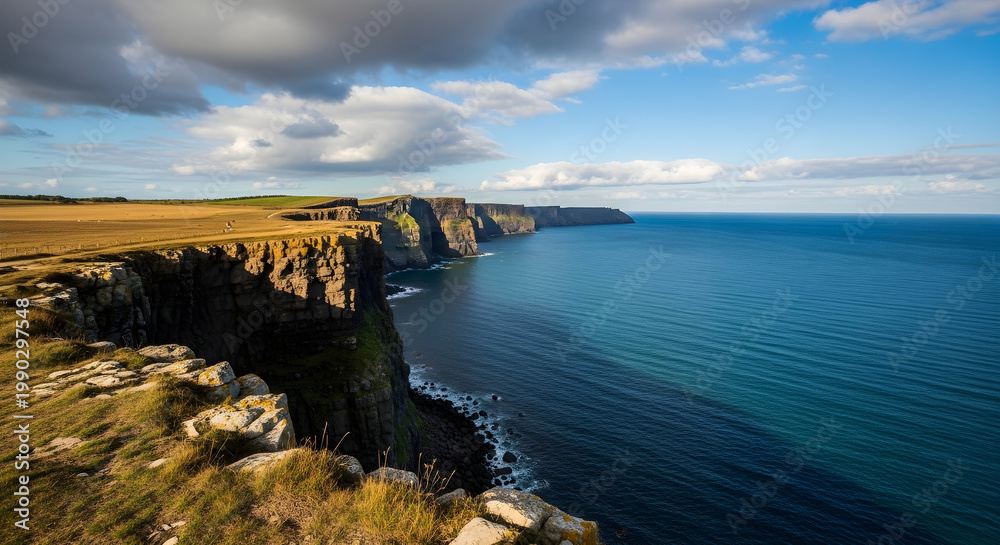 Obraz premium Dramatic view of rugged coastal cliffs meeting the vast blue ocean under a partly cloudy sky