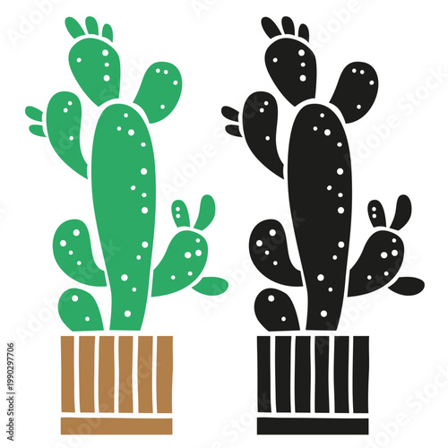Opuntia houseplant in pot, set with colorful and black silhouette styles, modern tropical indoor plant stylized vector illustration isolated on white background