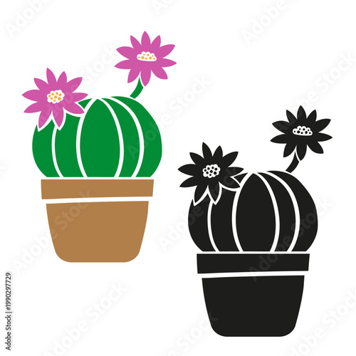 Echinocactus Illustration of a Potted Cactus with Pink Flowers houseplant in pot, set with colorful and black silhouette styles, modern tropical indoor plant stylized vector illustration isolated on w