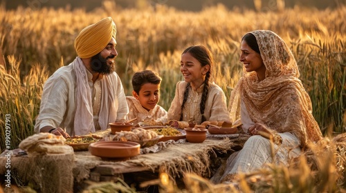 Commercial lifestyle photograph of Sikh family gathered around an outdoor table in their wheat field for Vaisakhi harvest meal terracotta dishes, earthen pots, white kurtas, golden field backdrop, 