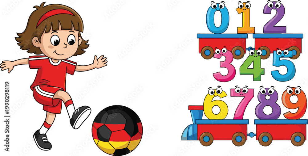 Fototapeta premium Cute Cartoon Girl Playing Soccer with Colorful Number Train from Zero to Nine Educational Kids Vector Illustration Set