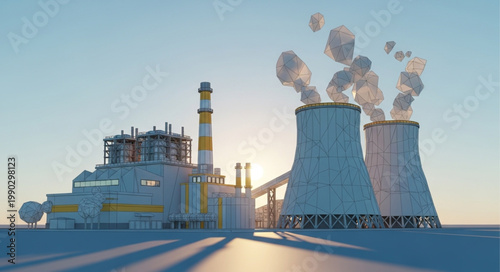 Modern Industrial Power Plant with Cooling Towers Emitting Steam.