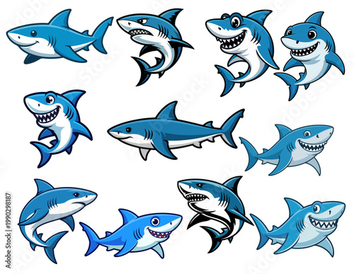 Set of Cartoon Shark Characters with Various Expressions and Poses