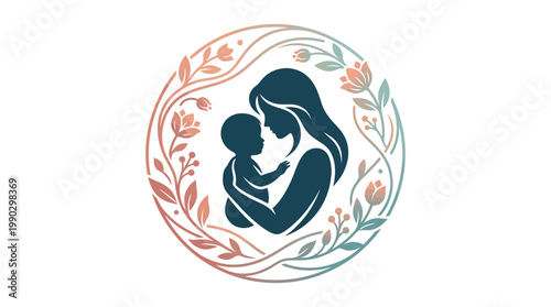 A heartwarming mothers day illustration featuring a loving mother and child silhouette surrounded by a floral wreath with a mix of orange and green leaves, conveying a joyful and maternal