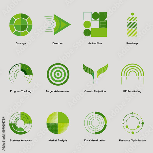 Green business icons for strategy growth analytics with business strategy projection analytics visualization analysis