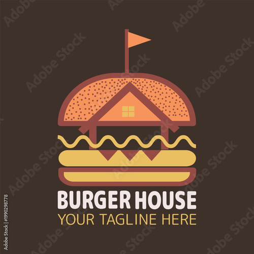 Burger house logo, Fast food logo, minimalist, burger combination with house in solid background, vector logo, flat design, Vintage Retro Cheese Burger, Cartoon, Logotype, cafe restaurant, Menu, 