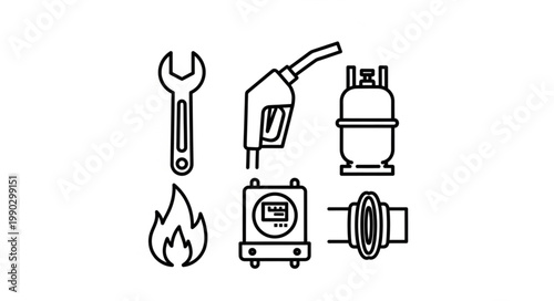 Gas and Plumbing Icons - Wrench, Nozzle, Tank, Flame, Meter, Pipe.