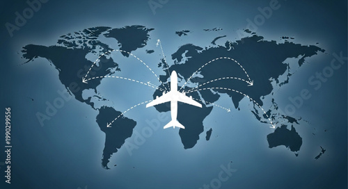 Global Air Travel - Airplane Over World Map with Flight Routes.