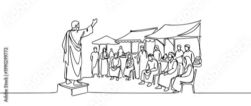 Preacher giving a sermon to a seated crowd at a market. Continuous one line drawing. Minimalist vector illustration