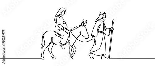 Continuous line drawing of Mary and Joseph traveling to Bethlehem. Pregnant woman on donkey with man holding staff. Vector illustration