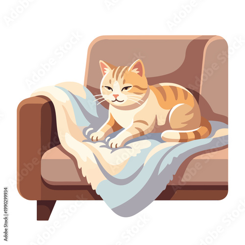 Cat kneading a soft blanket on an armchair. Flat design vector illustration of a ginger tabby pet. Domestic animal behavior and home comfort isolated on white