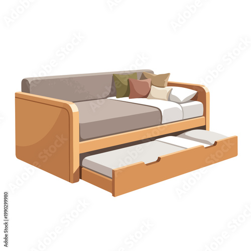 Modern wooden daybed with trundle drawer. Flat design vector illustration of guest bed furniture. Space saving home decor isolated on white