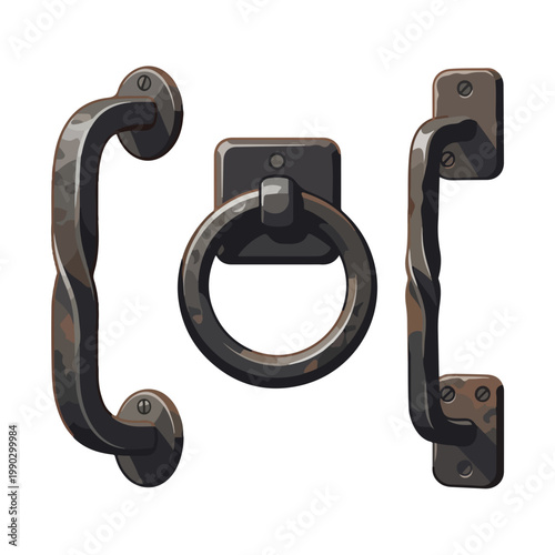 Forged iron cabinet handles. Flat design vector illustration of rustic metal hardware for furniture. Industrial style door pulls and ring handle