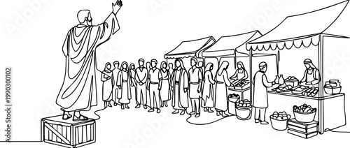 Continuous line drawing of a preacher giving a sermon at the market. Ancient marketplace with crowd and stalls. Minimalist vector illustration