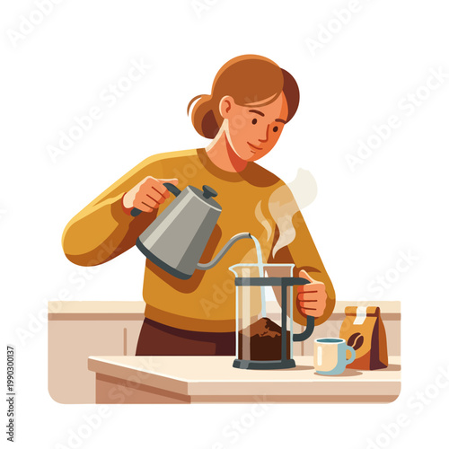 Woman brewing coffee with French press. Flat design vector illustration of person pouring water from kettle. Morning routine concept