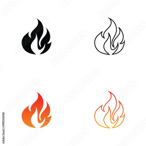 Fire Flame icon set in black and orange. Collection of stylized flame symbols in solid and outline styles, black and orange, isolated on white for design, logos, apps.