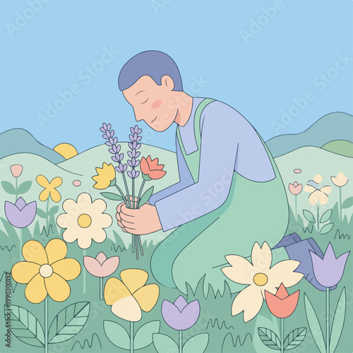 Person smelling flowers in a meadow. Flat design vector illustration of spring landscape and gardening concept. Colorful floral background