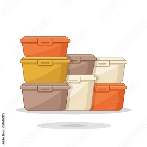 Plastic storage bins with tight lids. Stacked containers for home organization. Flat vector illustration