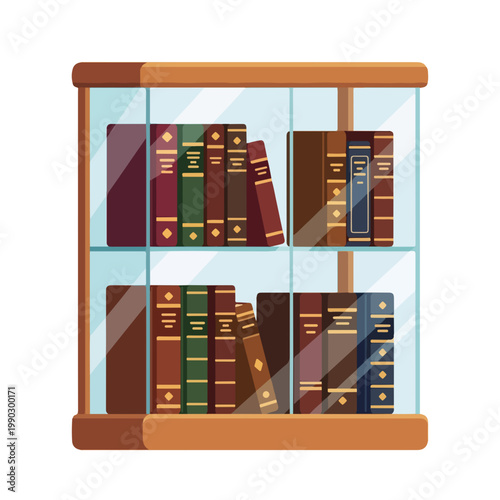 Rare books in glass display case. Antique library collection on wooden shelves. Flat design vector