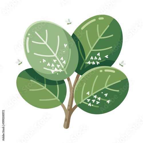 Plant leaves with whitefly clusters. Agricultural pest infestation and garden care. Flat vector illustration