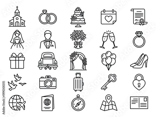 Wedding celebration and honeymoon travel line icons set for marriage and romantic journeys with marriage celebration honeymoon calendar invitation champagne balloons passport postcard