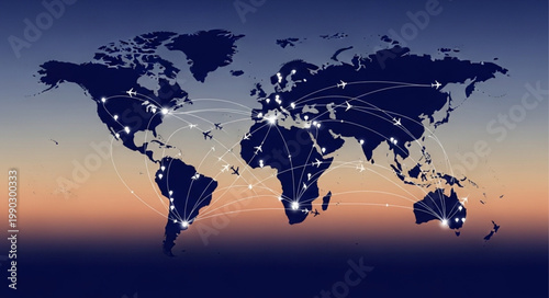 Global Connectivity - A World Map Illustrating Networked Cities and Communication.