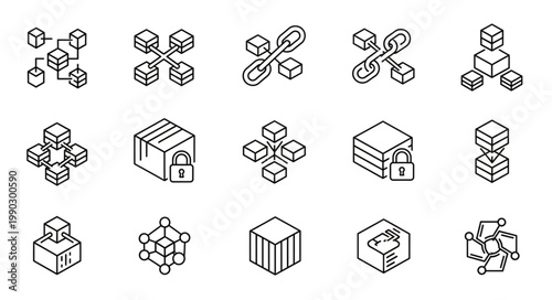 Blockchain Technology Icons Set Digital Network Blocks.