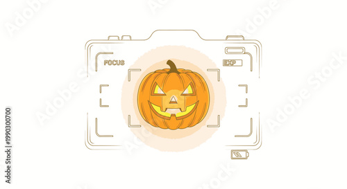 Digital illustration of a jack-o-lantern inside a camera viewfinder on a white background with orange and brown lines.