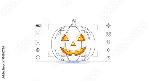 A jack-o-lantern with a carved face and orange triangular eyes and mouth against a white background with graphic design elements.