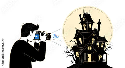A man in a dark suit takes a photo of a spooky haunted house with a full moon in the background, using a camera with a flash.