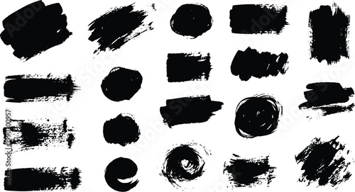 Collection of black brush strokes and shapes on white background for graphic design elements  various textures