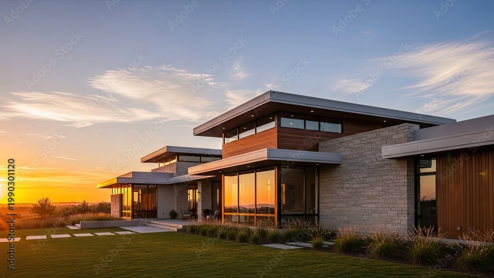 Fototapeta premium A modern house with a large yard and a beautiful sunset in the background