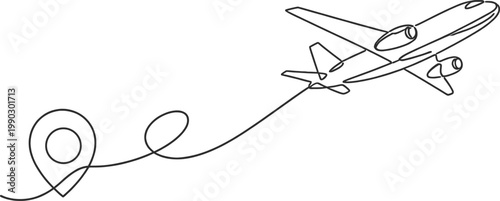 Airplane Flight Path with Location Pin Continuous Line Art Travel Illustration.