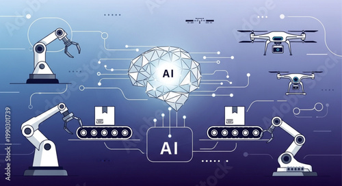 Artificial Intelligence Robot Arms Drones and Brain Illustration.