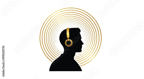 man wearing headphones silhouette with sound waves