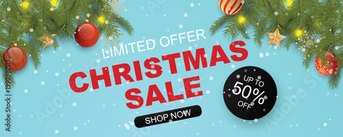 Festive christmas sale advertisement with ornaments and discount offer