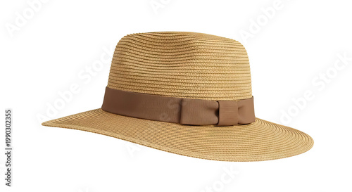 Straw Fedora Hat with Brown Ribbon