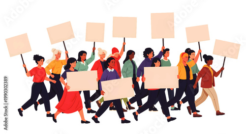 Diverse group of women united in peaceful protest, marching together with blank placards to advocate for their rights and express solidarity in a powerful demonstration of collective action