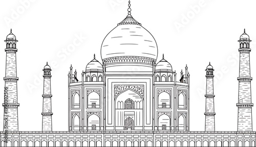 Taj Mahal illustration, iconic architecture for travel and history, black and white line art