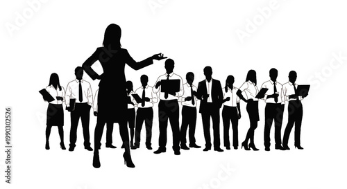 Silhouette of a confident woman leading a diverse group of professionals in a business setting