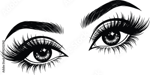 Beautiful Woman's Eyes with Long Thick Eyelashes and Defined Eyebrows Featuring Sparkling Stars in Pupils for Beauty Salon and Eyelash Extension Branding