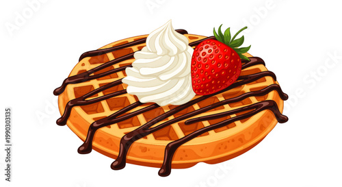 Delicious breakfast pastry Golden waffle adorned with rich chocolate drizzle, fluffy whipped cream, and a vibrant red strawberry, perfect for a sweet treat