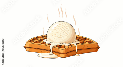 Delightful warm waffle served with a melting scoop of creamy vanilla ice cream, perfect for a comforting breakfast, brunch, or an indulgent dessert, vector illustration