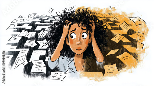 Overwhelmed: A person struggles under a deluge of tasks, their face etched with worry, representing the stresses of daily life, business, and study.