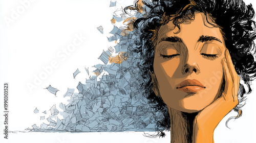 Contemplation Amidst Ideas: A woman with closed eyes, her hand gently cradling her cheek, embodies deep thought as a cascade of papers unfurls, symbolizing a torrent of concepts and introspection.